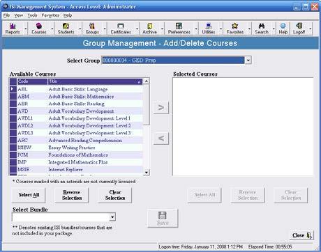 To add courses to the group, click on the Add/Delete Courses button at the bottom of the window.