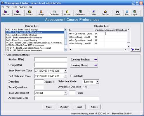 In the Assessment Course Preferences window, you may make adjustments to individual ISI Assessments listed under the Course List column on the left.