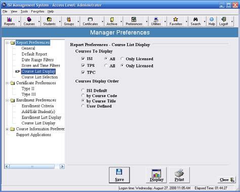 The Report Preferences Course List Display screen allows you to select the types of courses you wish displayed in report screens.