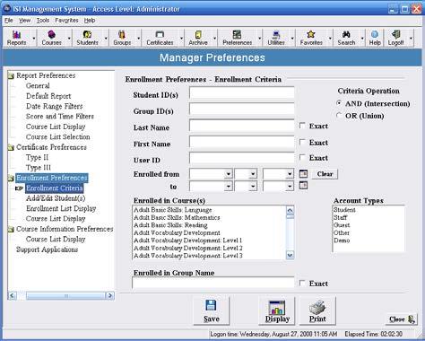 Enrollment Preferences Enrollment Criteria is used to set the defaults for the Student Management screen.