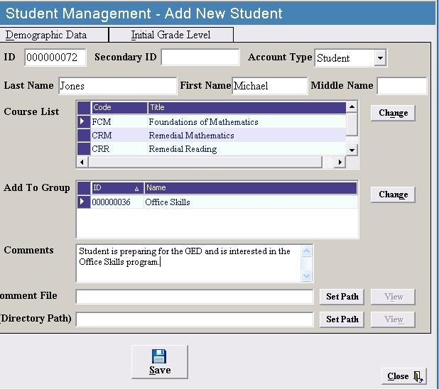 Adding Comments In the Student Management Add New Student window you may add a comment to a student s record. Click in the Comments field and type your comment.