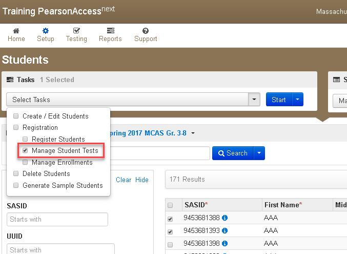 2. Select the student whose test will be assigned an accommodation, and select Manage Student Tests from the Select Tasks dropdown menu. 3.