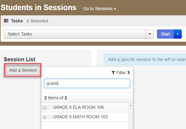 c. Select the checkbox next to the Session name, and click Add Selected. d. To print student testing tickets, click on the Resources dropdown.