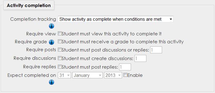 The most common Activity Completion setting is to allow students to manually mark items as complete on the course home page. This is the default setting.