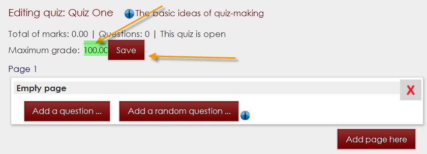 On this page, the first task is to set the maximum grade for the quiz.