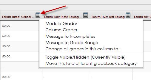 One of the added features allows column actions. All of the options seen below are accessed by clicking on the column actions button as indicated by the arrow.