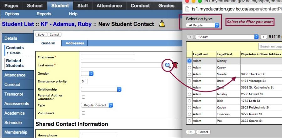 If the contact shares an address with another person (student, family member, etc.) use the shared address function to connect them.