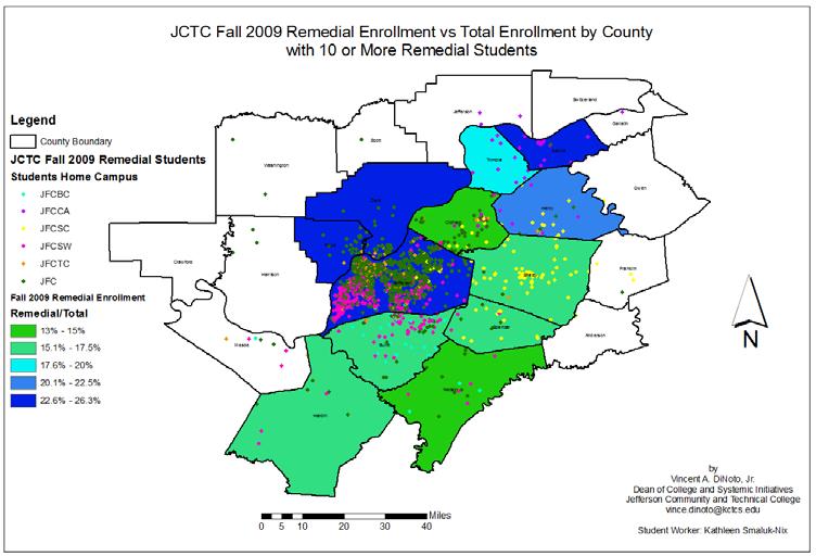 Figure 15 Median Income 2000 Census, with location of Remedial Students A large number of remedial students live in census tracts that are of the lowest income levels within Jefferson County and