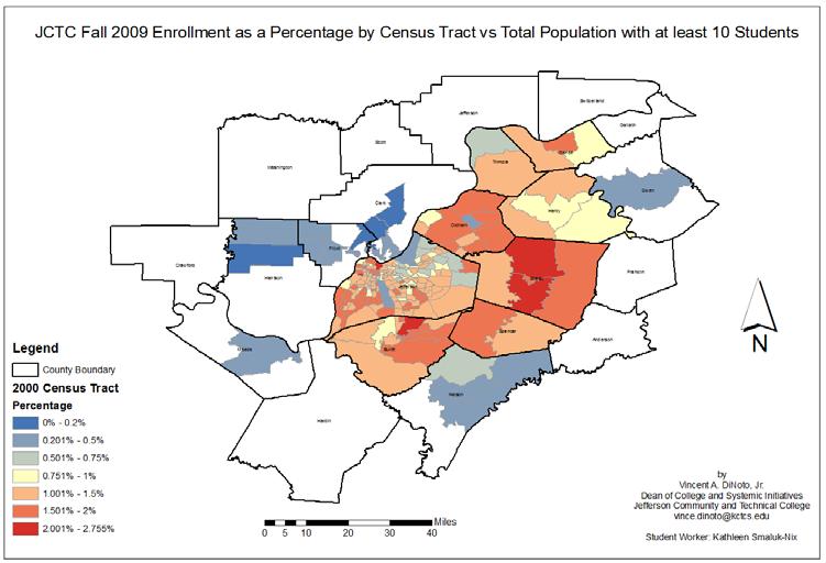 Figure 3 Enrollment Jefferson, KY without Student Locations This map removes the student locations and just shows the census population represented by color and the numbers contained within each