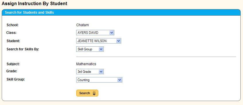 Acuity User s Guide Page 61 of 80 c. Select a Student. d. Select a Search for Skills by either Skill Group or State-defined Standards. i. If Skill Group is selected: 1.