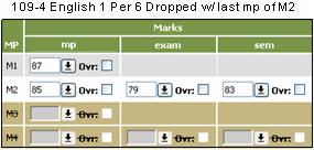 This topic illustrates the effect of dropping a course and trailing marks by showing the mark information displayed on the Mark Entry by Student page as a course is dropped and trailed to another