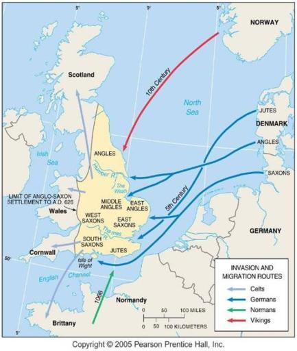 Development of English Germanic Tribes (Germany/Denmanrk) Jutes Angles Saxons Vikings (Norway) 9th -