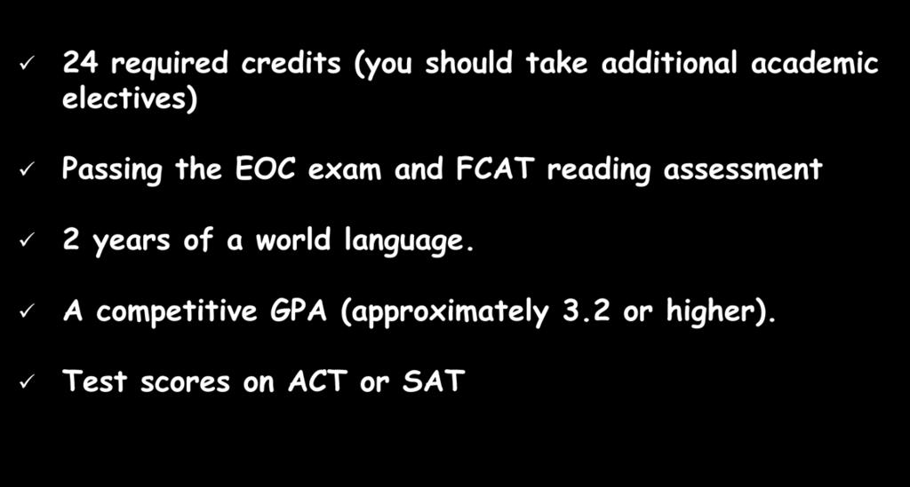 5. 4-Year University Requirements 24 required credits (you should take additional academic electives) Passing the EOC exam and