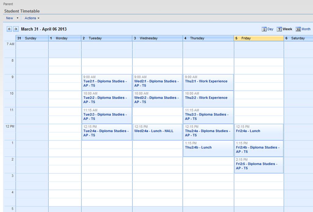 Student Timetable The Student Timetable page is accessible via the Student Dashboard by clicking the <Student Name> Timetable button on