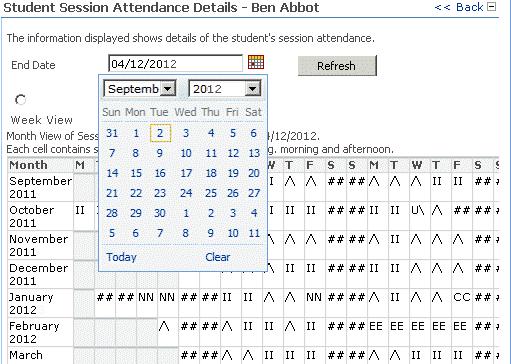 To view the session marks for another week or month: 1. Click the Calendar icon and select an End Date. 2.