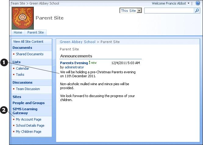 02 Getting Started Introduction to the Home Page of the SLG Parent Site When you log into the SLG Parent Site, the Home page is