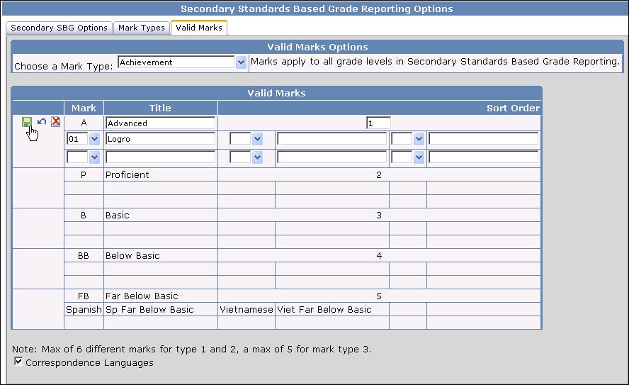 Valid Marks The Valid Marks screen is used to identify the marks that will be used for the secondary standards grade reporting.