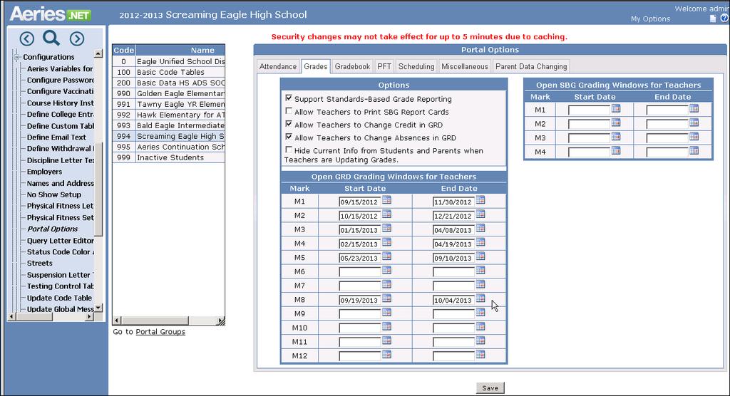 Portal Options: Prior to the teacher entering the secondary report card grades, the Portal Options need to be set up by the Aeres.net system administrator.