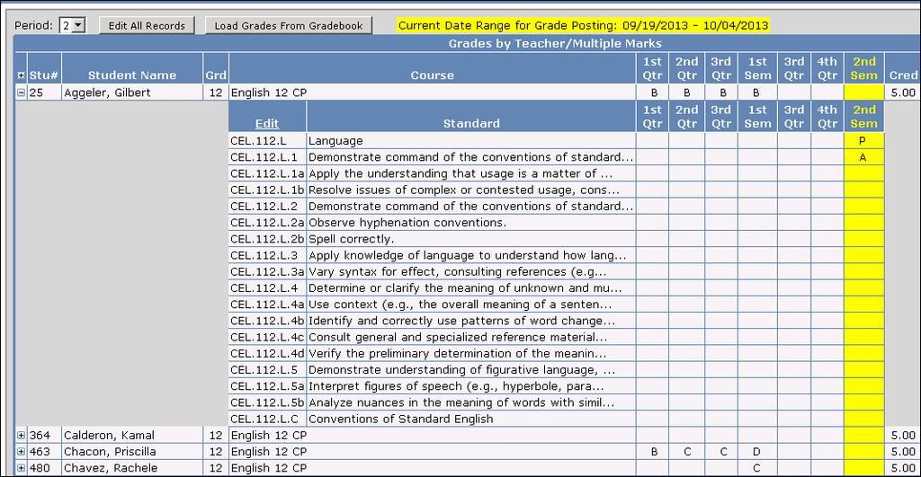 A message will display in yellow indicating the period of time that a teacher can post to a student s grades. Click the mouse on the Period dropdown to select a different period.