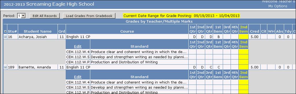 The Standards Based Grade Reporting for Secondary Schools allow schools to define which standards are linked to a course and then identify which of those standards should display on the report card.