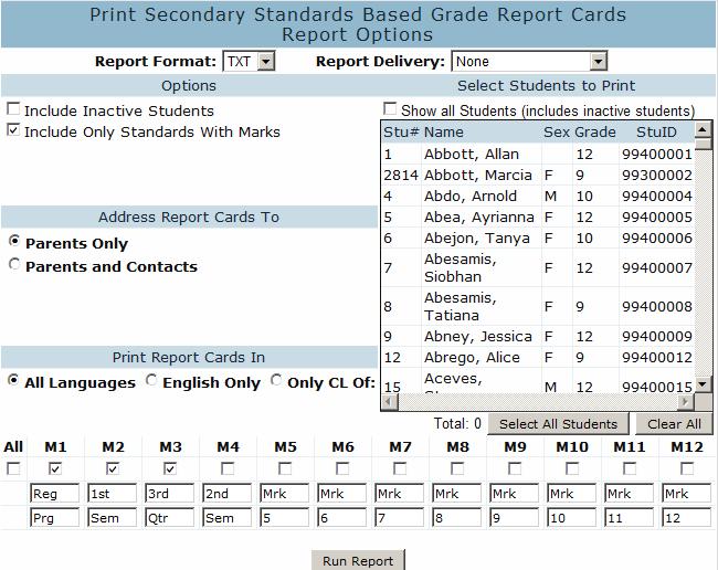 the Secondary Standards Based Grade Report Card (BETA) is