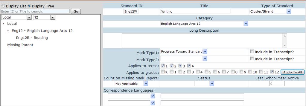 A Search box is available to limit the standards displayed, as well as filters for type of standard and grade level.