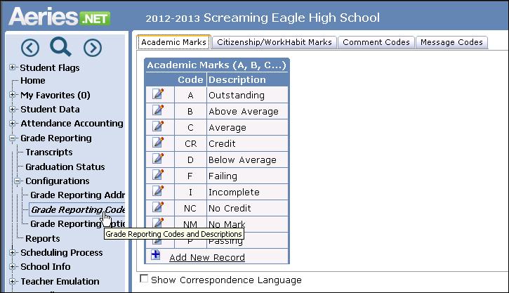 Grade Reporting Codes and Descriptions The Grade Reporting Codes and Descriptions screen allows the user to add or update grade reporting Academic, Citizenship, and Work and Study Habits marks.