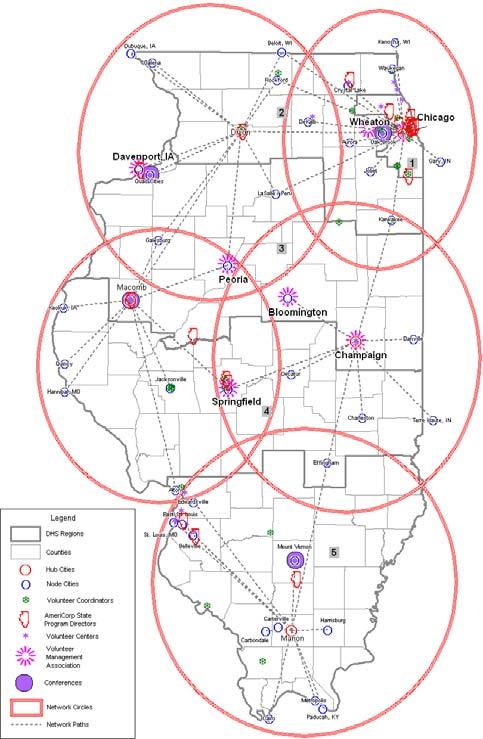 Networking and Collaboration: Illinois Volunteer Management Network (VMN) The VMN is not defined by geographical boundaries. The VMN uses cities within each region as anchor points.