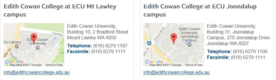 Contact Us: Further Information: The following links provide additional useful information: Information: Edith Cowan College (ECC) ECC Campus Facilities ECC Documents and Forms ECC Documents and