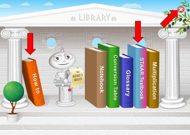 The Library building is full resources to help students learn. For example, the How To book contains step-by-step directions for how to use the keyboard and on-screen digital tools to input answers.