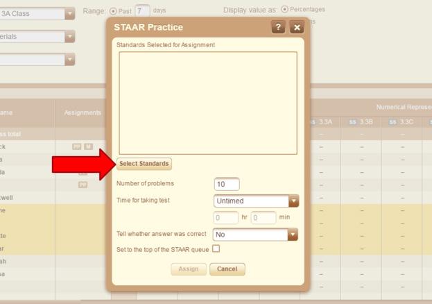 Step 3 Select which TEKS to include. Click to open the standard selection settings. Browse the folders on the left to highlight a standard and click the button to add it to the assignment.