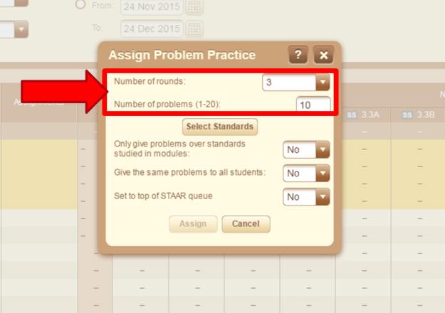 Step 3 Customize required assignment settings. Set the number of rounds (1-3) and how many problems to include (1-20).
