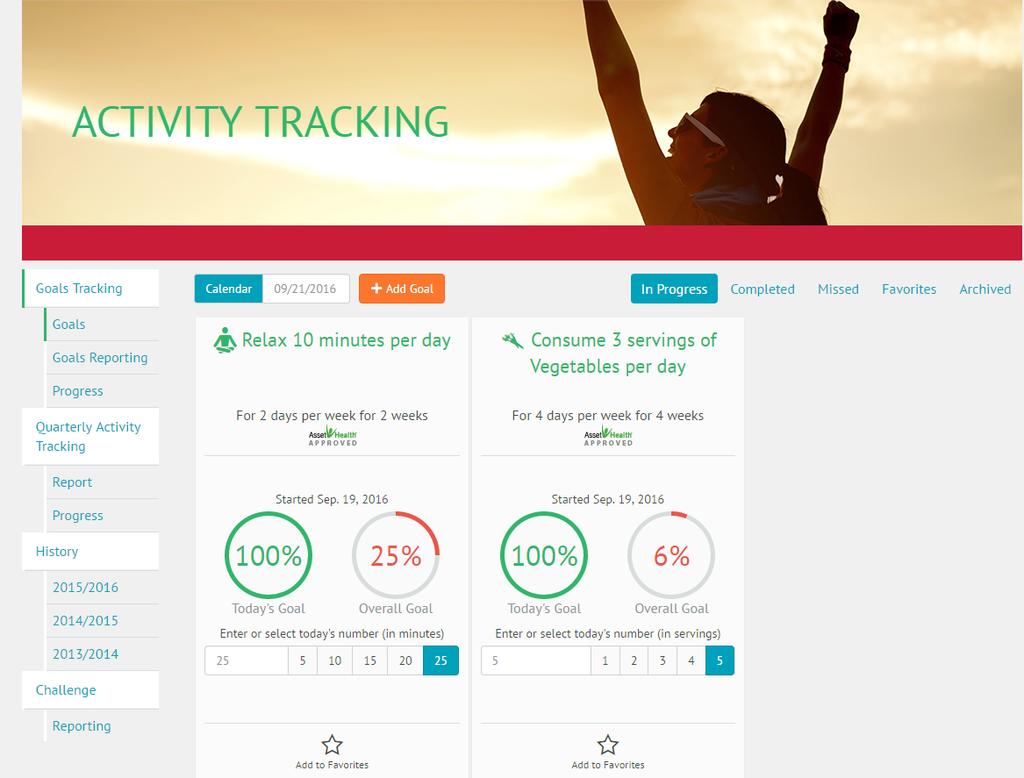 Activity Tracking The Activity Tracking page can be used to create and track wellness goals, self-report completed wellness activities, view the details of your incentive progress, and review program
