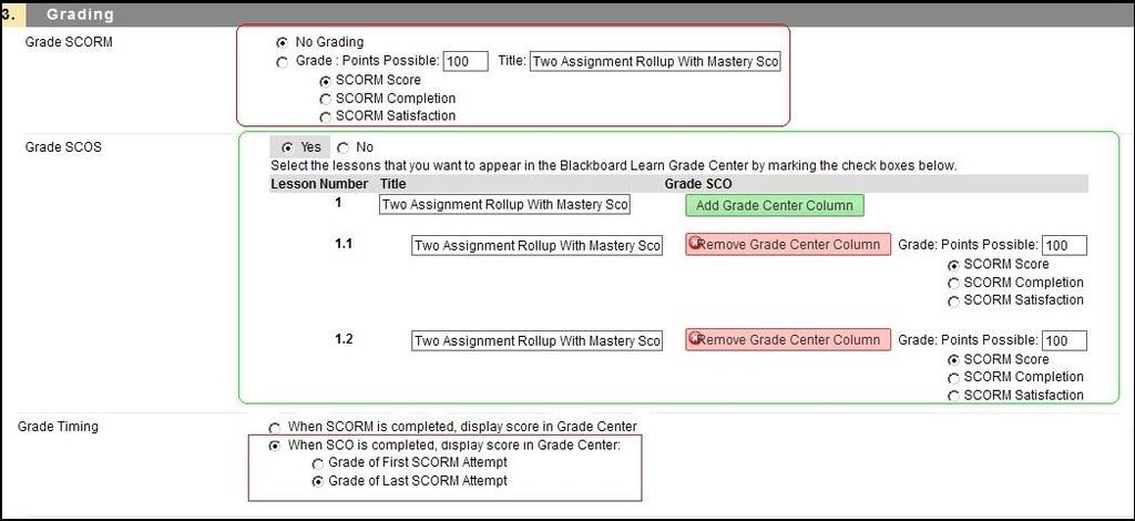 Selecting these options in the Grading section while completing the integration, will now prompt you to identify which items in the Course Package should be graded and assign a point value to them.