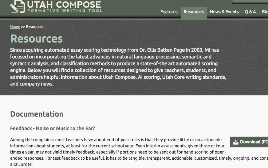 GETTING STARTED The Welcome page serves as a resource center for teachers, parents, and students who are using Utah Compose.