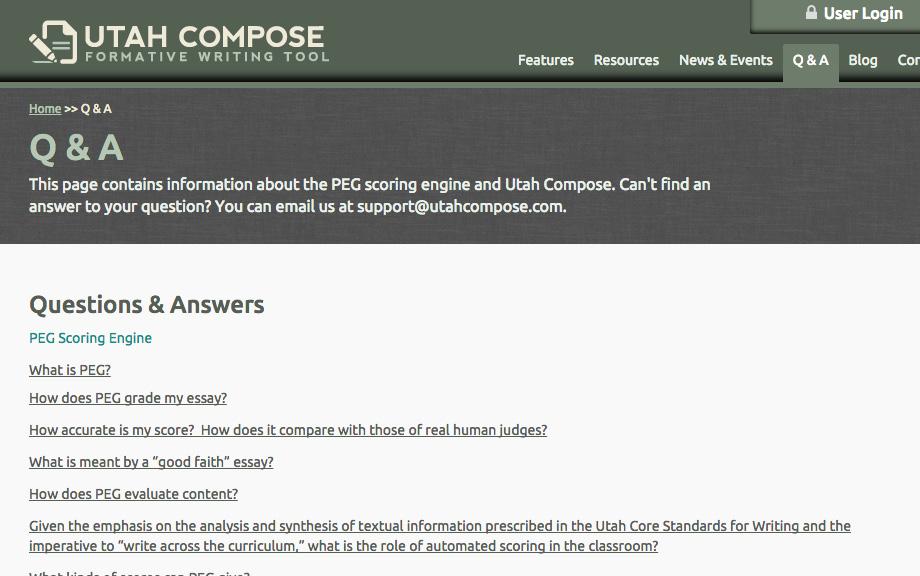 GETTING STARTED 4. Click Q & A to review answers to commonly asked questions about the PEG scoring engine, features of Utah Compose, and technical requirements. Figure 1.
