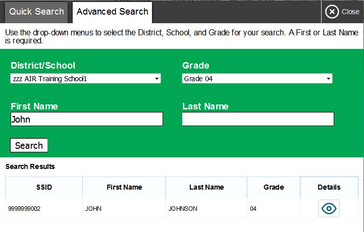 OAKS Online 2016-2017 Figure 7. Student Lookup: Advanced Search 3. To view a student s information, click in the Details column.