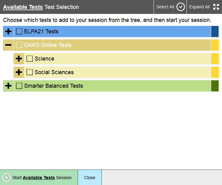 OAKS Online 2016-2017 Section V. Administering Online Tests The basic workflow for administering online tests is as follows: 1. The TA selects tests and starts a test session. 2. Students sign in and request approval for tests.