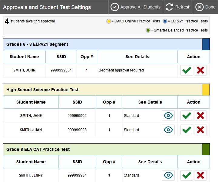 To approve students for testing: OAKS Online 2016-2017 1. Click Approvals. The Approvals and Student Test Settings window appears, displaying a list of students grouped by test (see Figure 12).