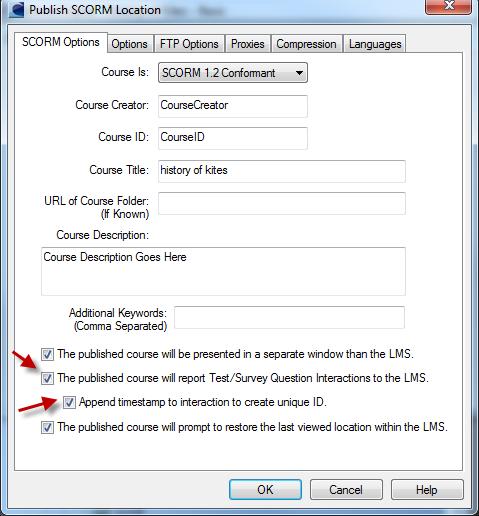 Be sure all four items as shown in the above dialog are checked. For the check box The published course will report Test/Survey Question Interactions to the LMS, an example of an answer might be A.