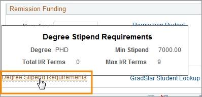 6. Check the minimum stipend amount by hovering your mouse over Degree Stipend Requirements. 7.