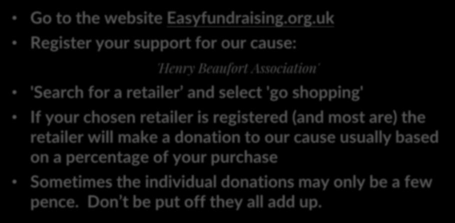 registered (and most are) the retailer will make a donation to our cause usually based on a percentage of your purchase