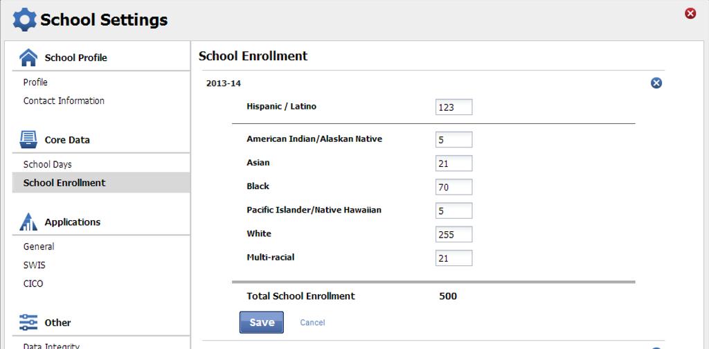 1. Click School Days under Core Data. 2. Click on the school year to expand the menu. 3. Type or select the number of schools days for each calendar month (Early release days count as one full day).