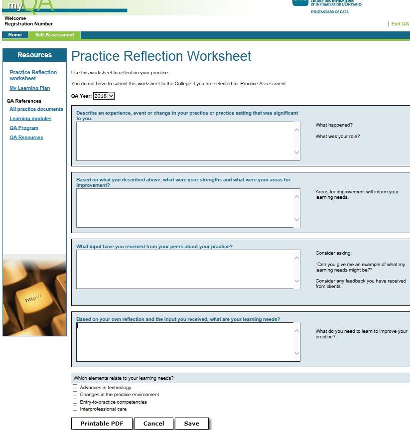 Practice Reflection Worksheet Within the worksheet, select your QA Year from the drop-down menu. Then, continue filling out the form by typing your answers in each box.