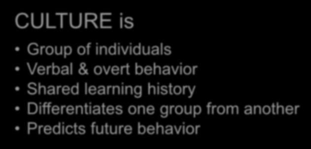 CULTURE is Group of individuals Verbal & overt behavior Shared