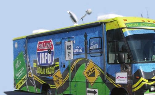 Given a fresh, bold look in FY2003 with new exterior artwork and graphics, the mobile classroom became known as the College Info Road Show. The new design debuted at the Trinity vs. St.