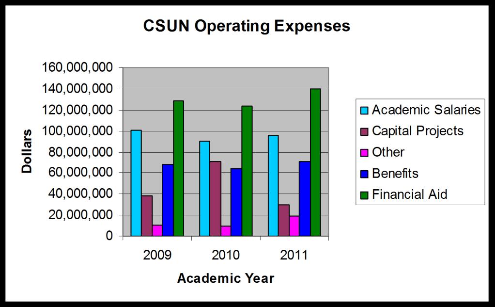 CSUN Operating Expenses Academic Academic Year Salaries Capital Projects Other Benefits Financial Aid June-09 100,636,294 37,991,558 10,079,364 68,061,011 128,500,000 June-10 90,021,536 70,931,952