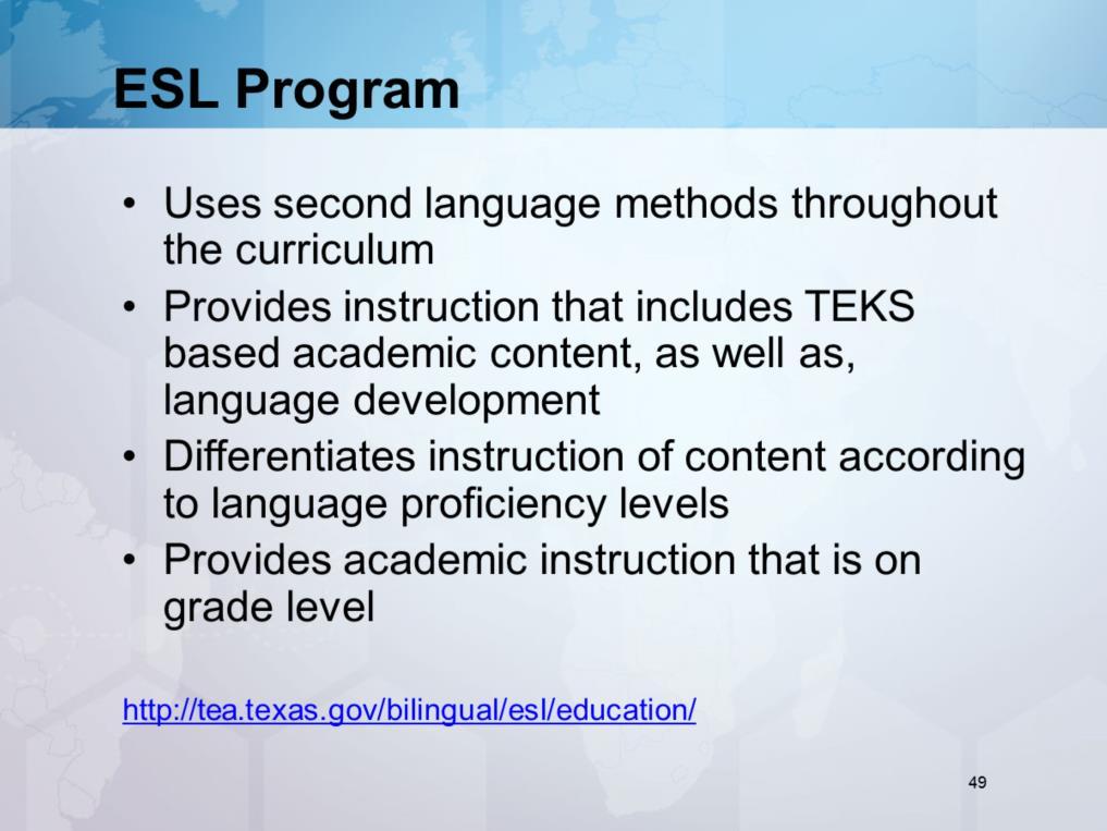89.1210 (e) (f) Students that are in language programs receive the same curriculum (same rigor and HIGH EXPECTATIONS) as native English speakers; however, the teacher should provide linguistic