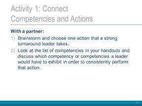 driven more by underlying competencies than by readily observed skills and knowledge. Slide 16 Explain: Competencies are closely connected to the actions a leader takes. Let s try an example.