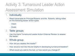 Explain: Now we are going to do an activity to practice assessing a principal on the leader actions in order to eventually develop a coaching and development plan for him or her.